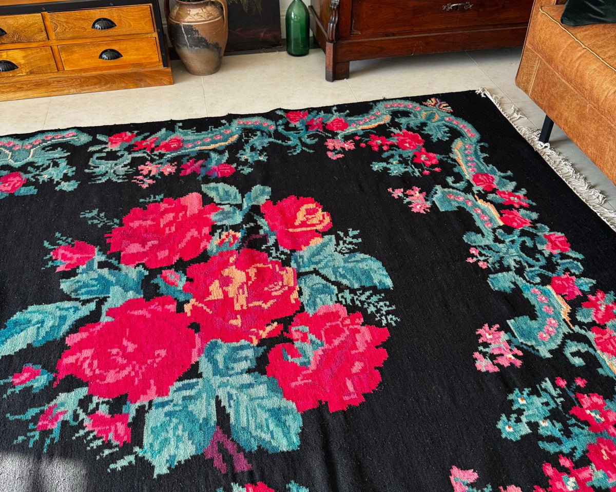 Old Black Floral Bessarabian Wool Rug, 345x187 cm, view 13