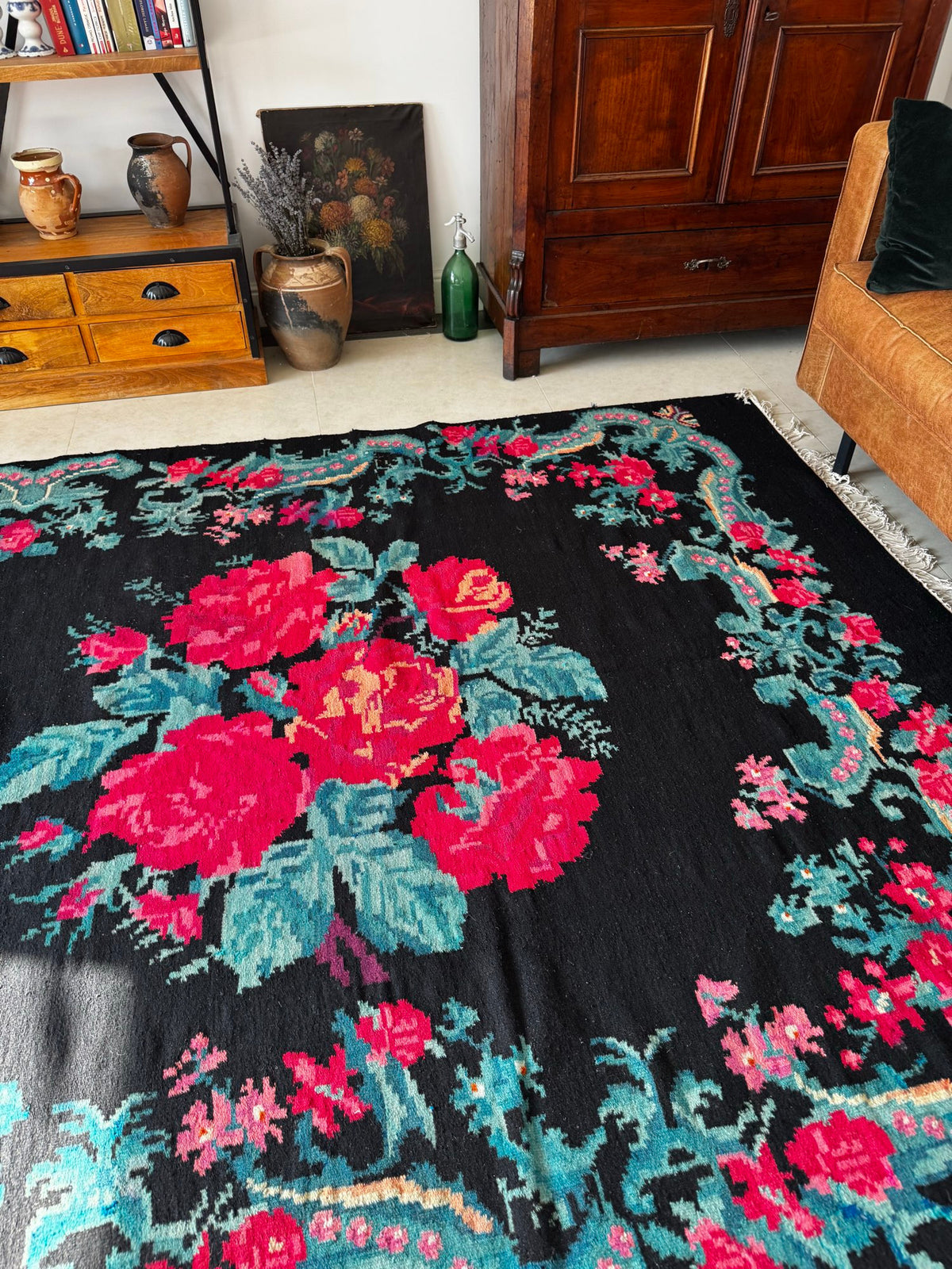 Old Black Floral Bessarabian Wool Rug, 345x187 cm, view 13