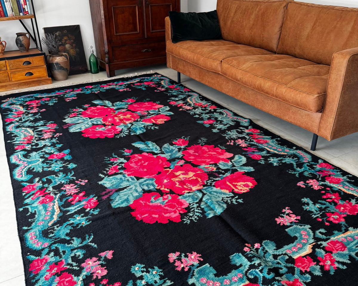 Old Black Floral Bessarabian Wool Rug, 345x187 cm, view 2