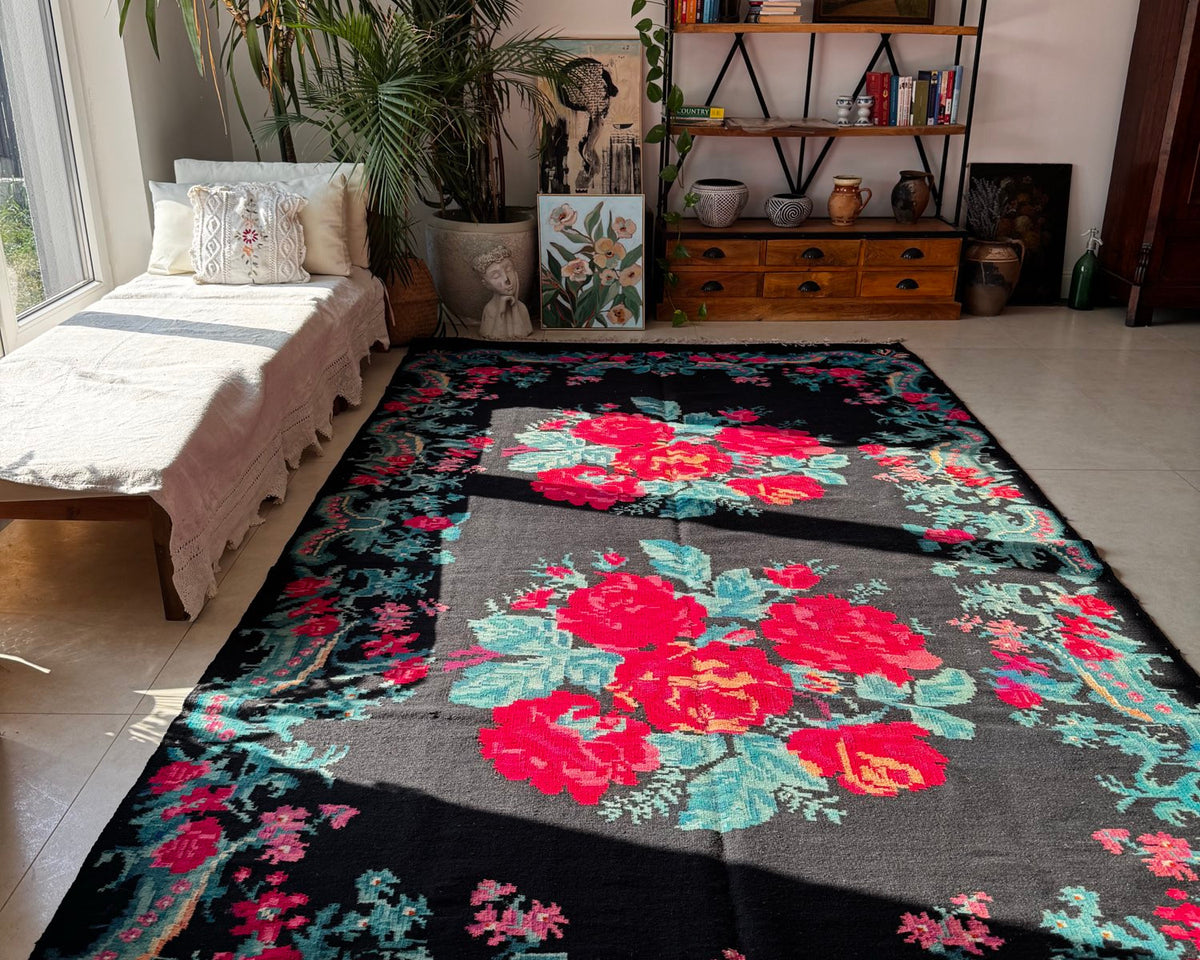 Old Black Floral Bessarabian Wool Rug, 345x187 cm, view 3
