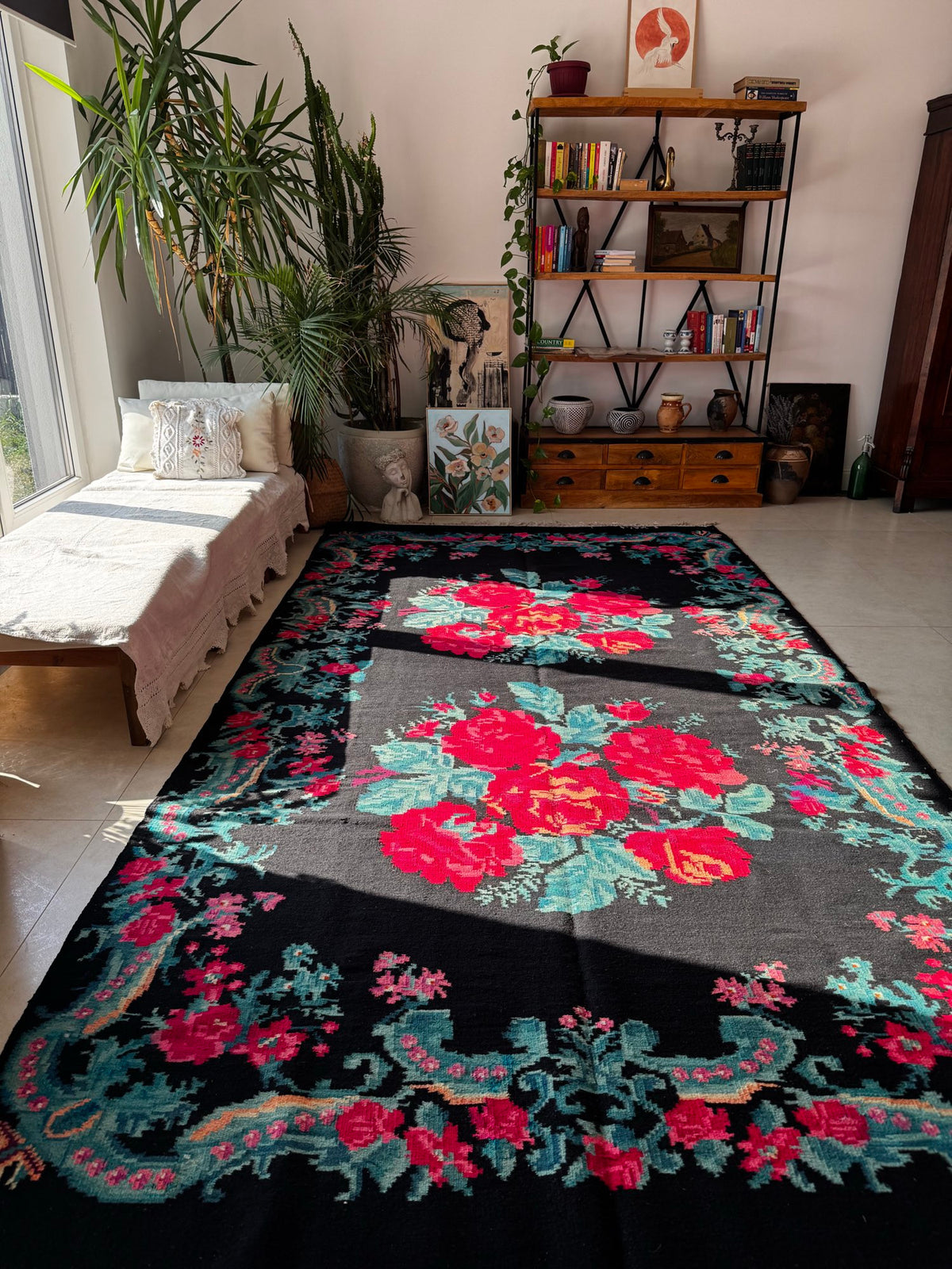 Old Black Floral Bessarabian Wool Rug, 345x187 cm, view 3