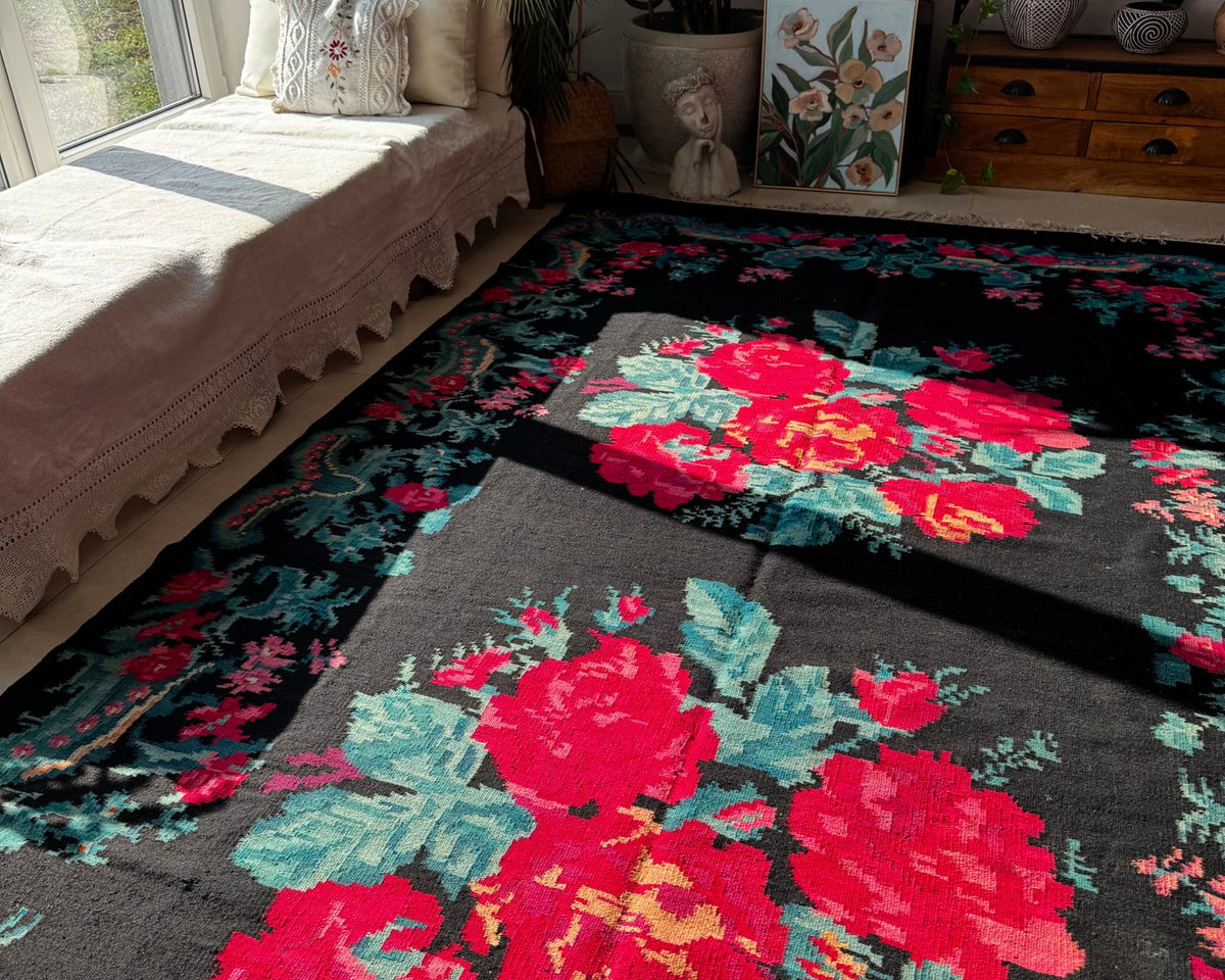 Old Black Floral Bessarabian Wool Rug, 345x187 cm, view 8