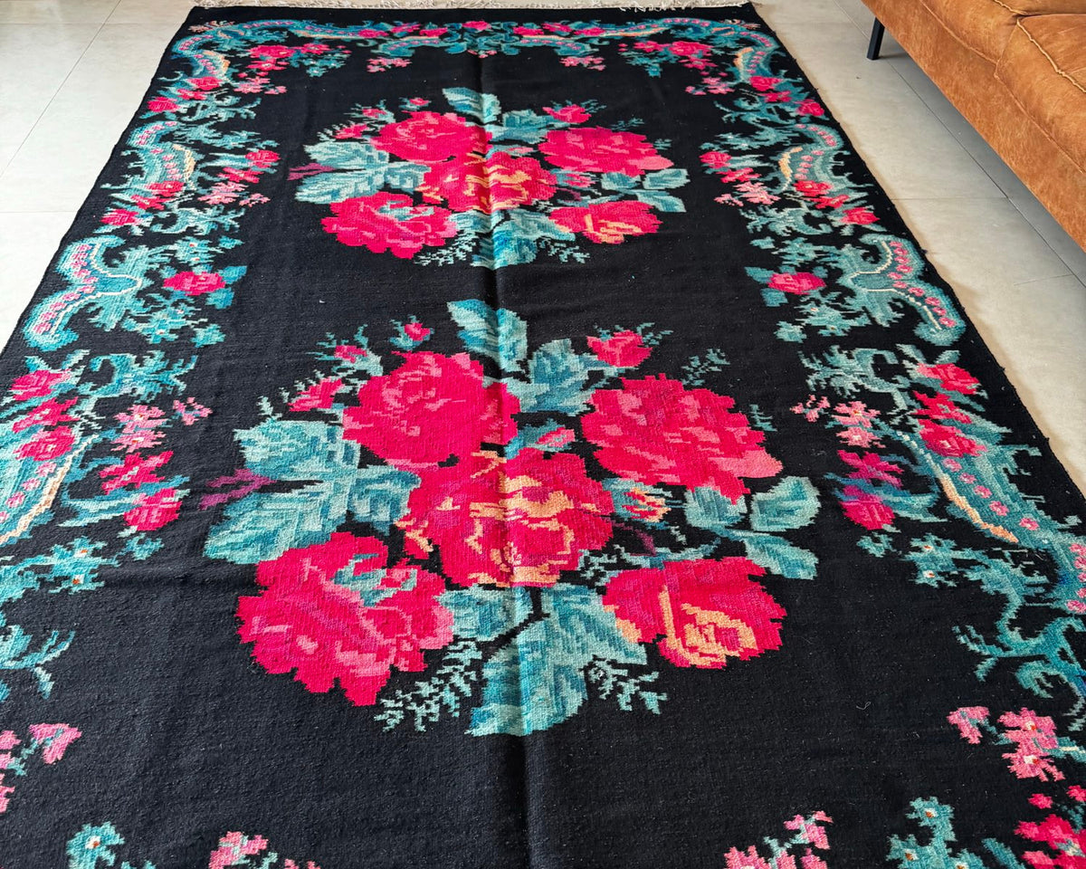 Old Black Floral Bessarabian Wool Rug, 345x187 cm, view 9