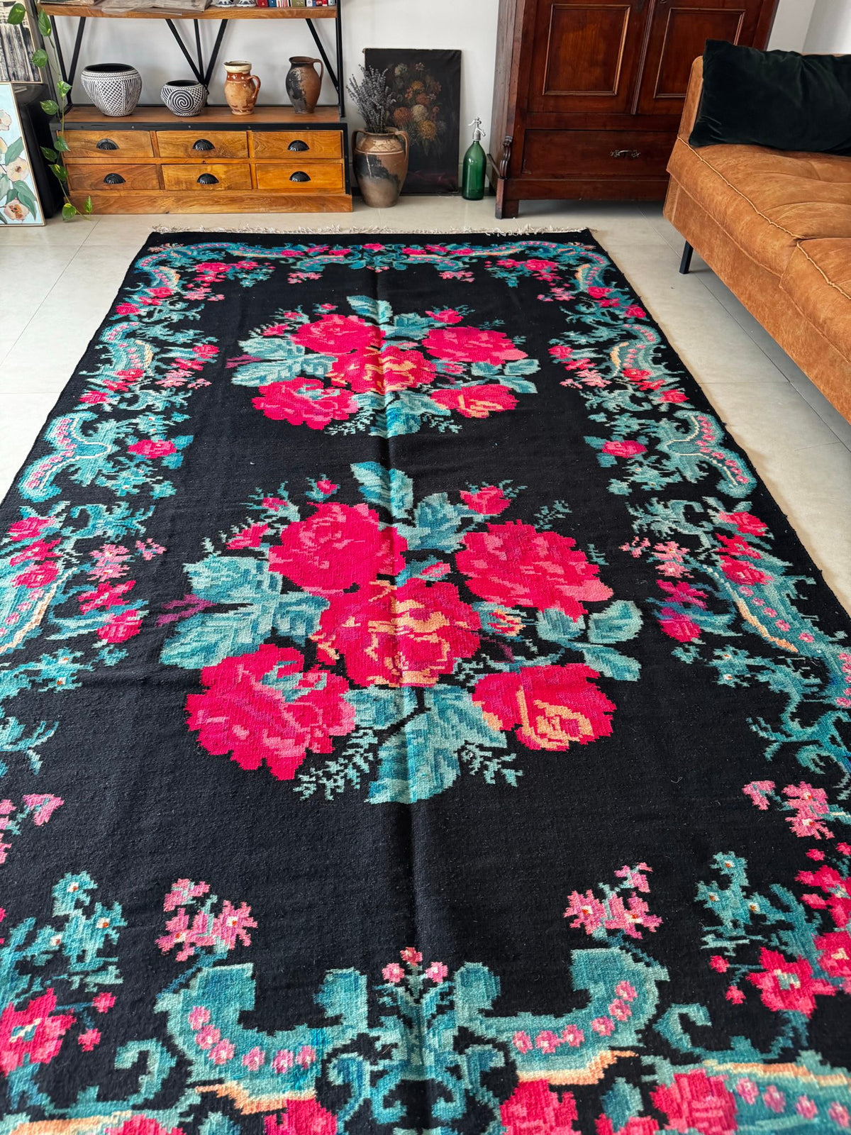 Old Black Floral Bessarabian Wool Rug, 345x187 cm, view 9