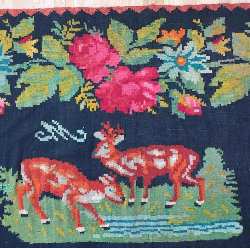 Old Black Floral Muntenian Wool Rug, 354x156 cm, view 6