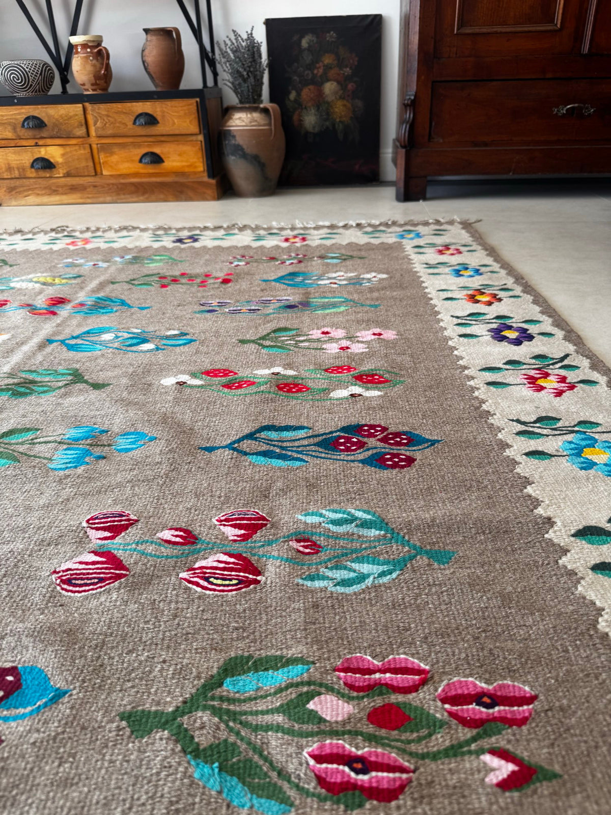 Old Gray Floral Oltenian Wool Rug, 265x170 cm, view 2