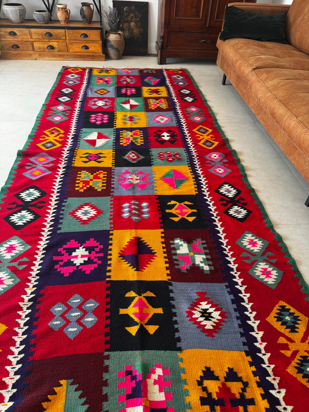 Old Geometric Romanian Kilim Runner, 345x147 cm, view 14