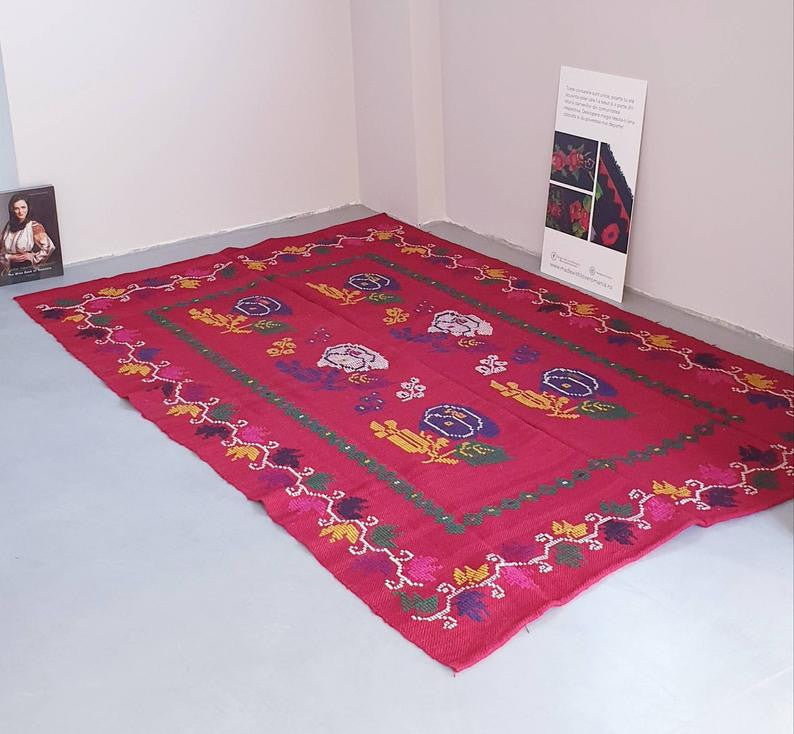 Old Red Romanian Wool Cerga Bedspread, 220x150 cm