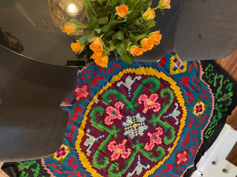 Old Blue & Black Floral Romanian Wool Rug, 187x155 cm, view 2