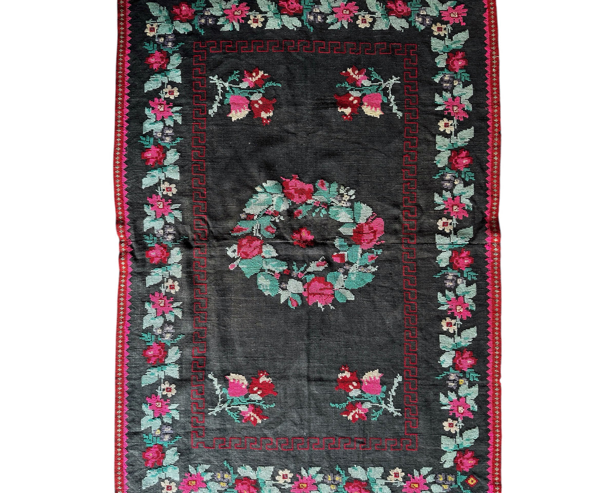 Old Gray Floral Romanian Wool Rug, 205x125 cm