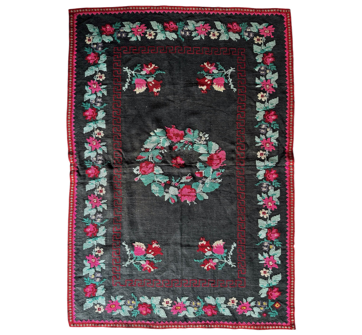 Old Gray Floral Romanian Wool Rug, 205x125 cm