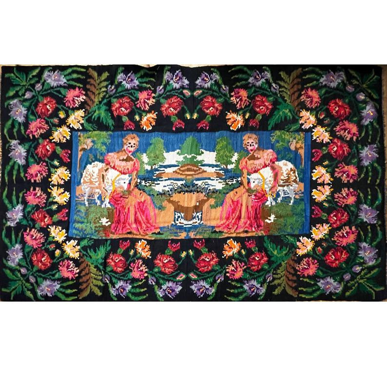 Old Floral Romanian Wool Rug, 315x185 cm