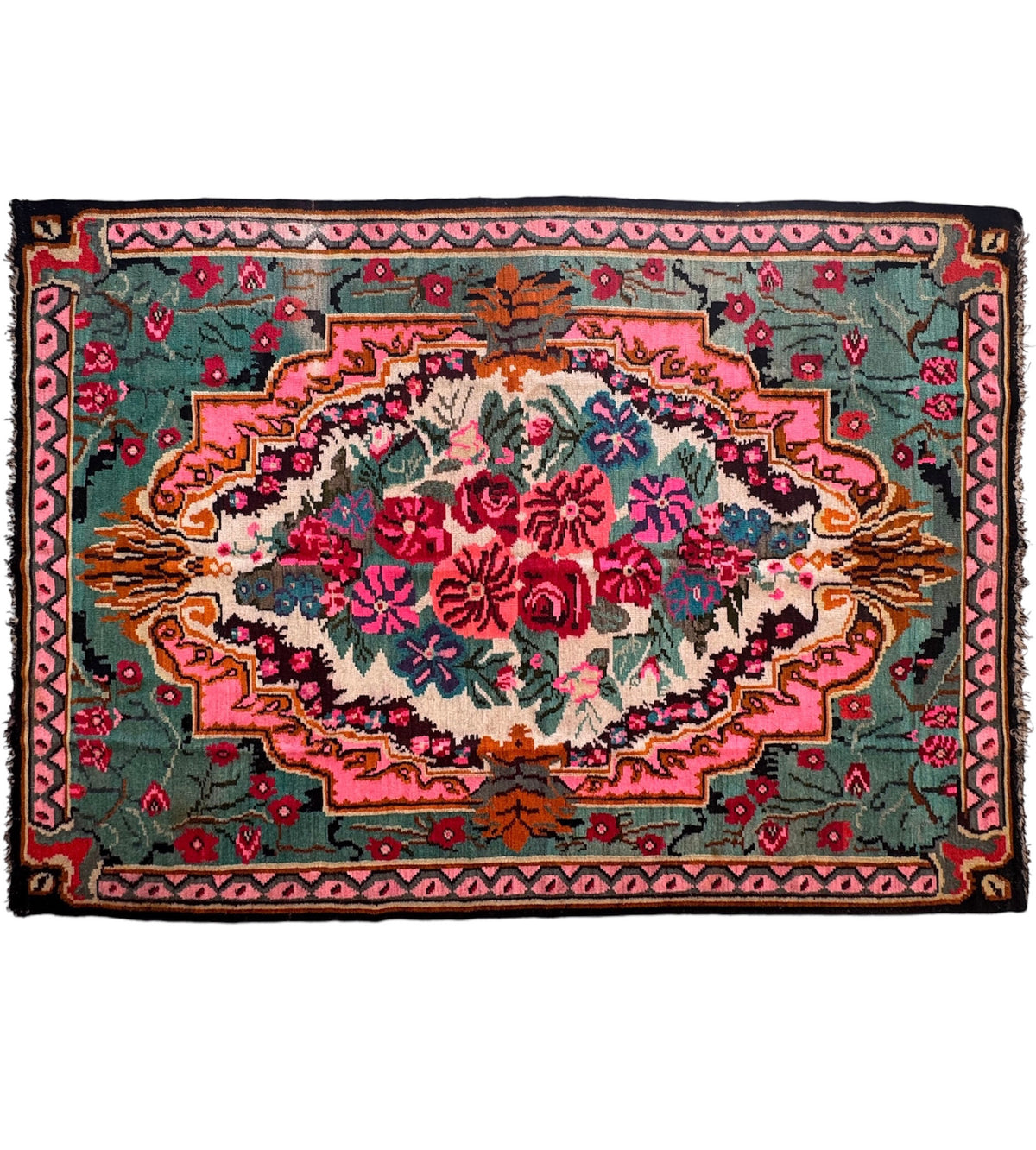 Vintage Turquoise Floral Bessarabian Wool Rug, 280x180 cm