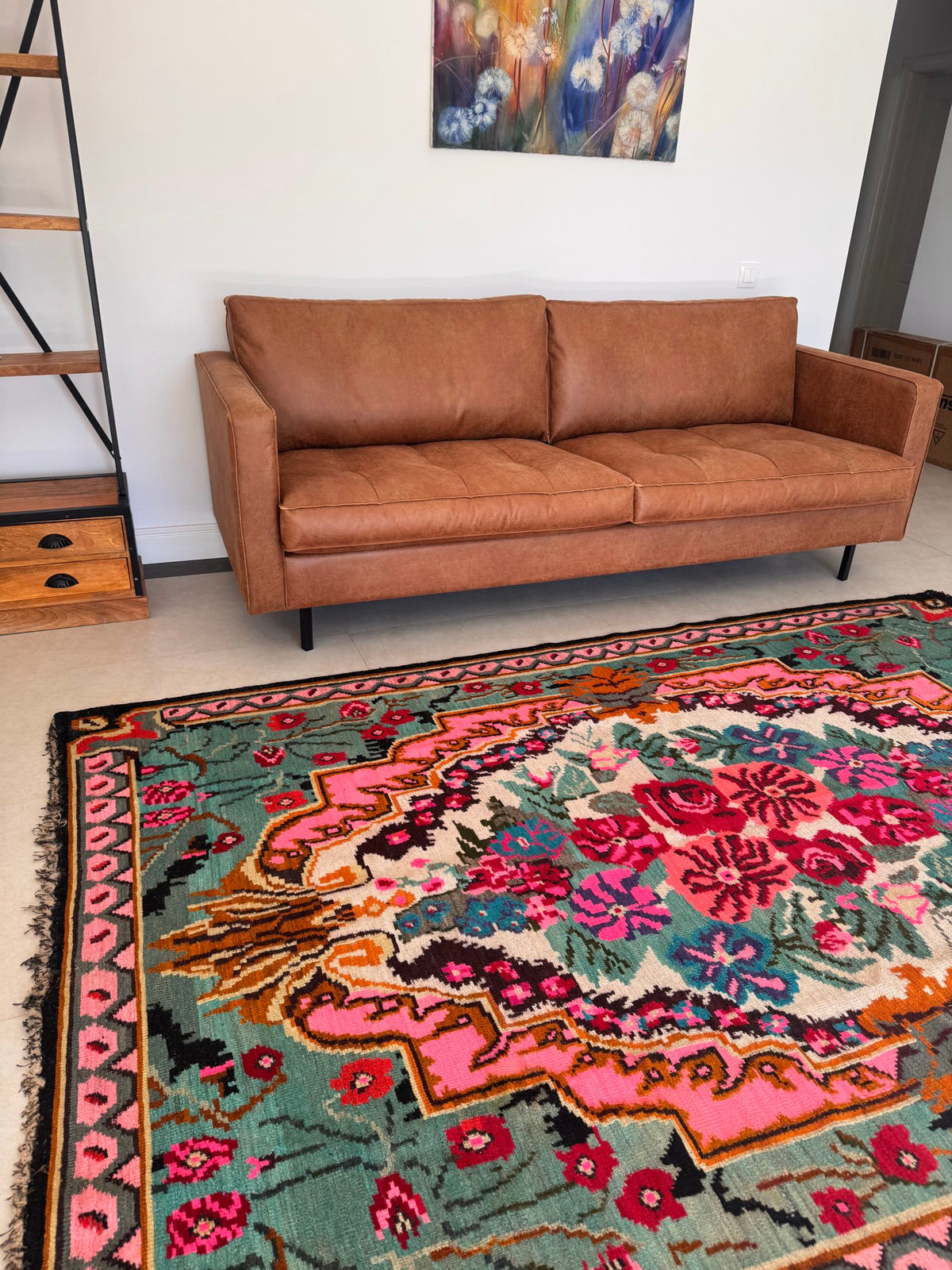 Vintage Turquoise Floral Bessarabian Wool Rug, 280x180 cm, view 4