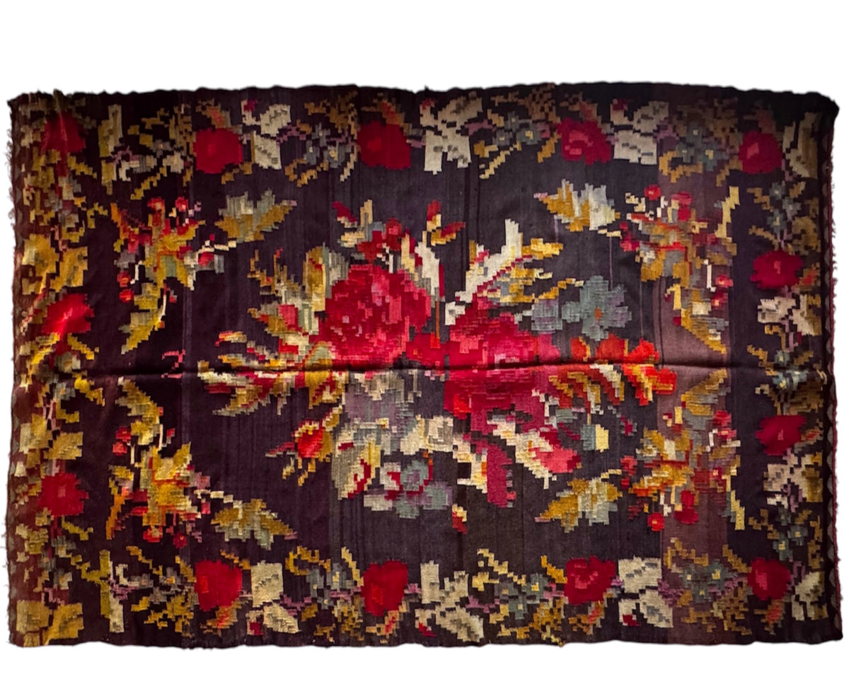 Rare antique Bukovina rose kilim, hand-woven wool rug, 325x165 cm, first half of 20th century