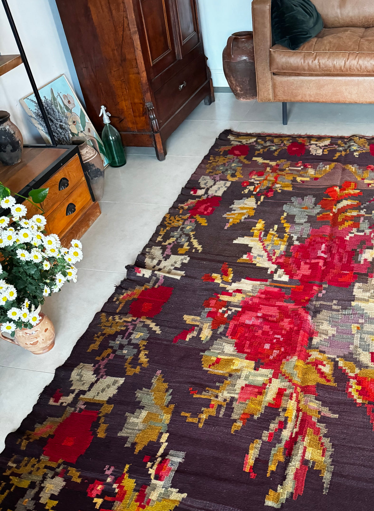 Detail of antique Bukovina kilim, hand-woven wool, early 20th century Romanian rug