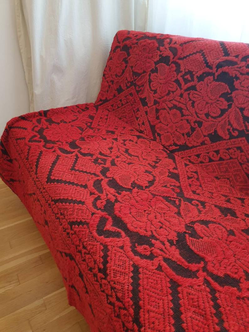 Red & Black Wool and Cotton Bed or Sofa Cover, 190x155 cm, view 10