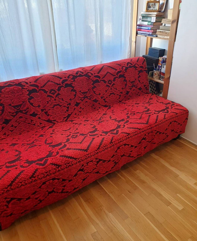 Red & Black Wool and Cotton Bed or Sofa Cover, 190x155 cm, view 9