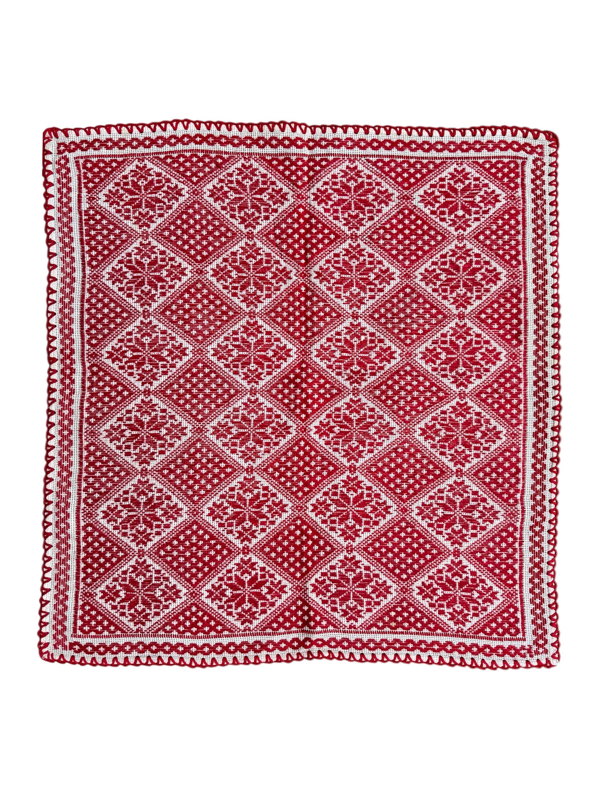 Red & White Cross-Stitch Romanian Tablecloth, 60x58 cm