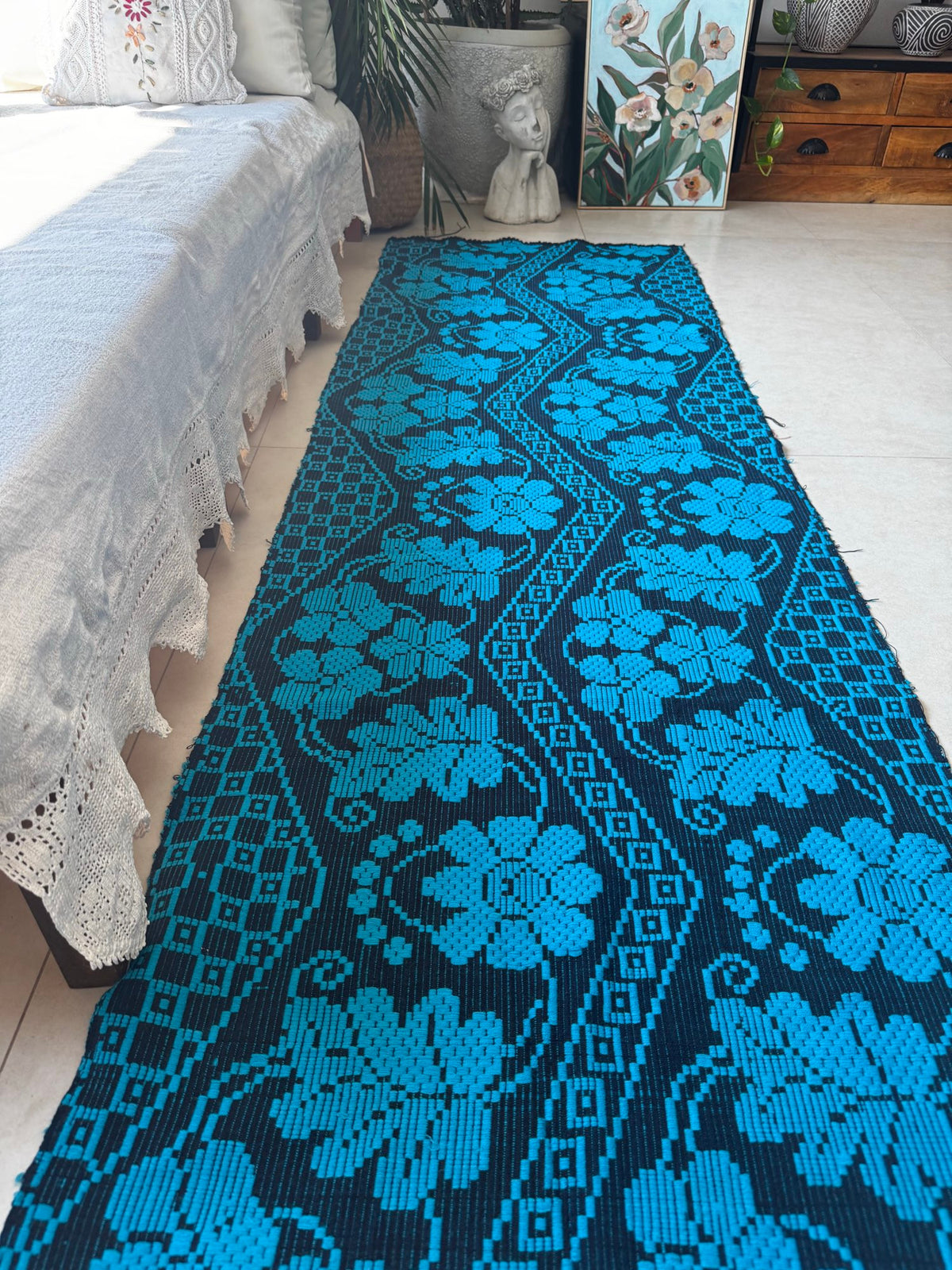 Handwoven Black Floral Romanian Runner Rug, 220x70 cm, view 3