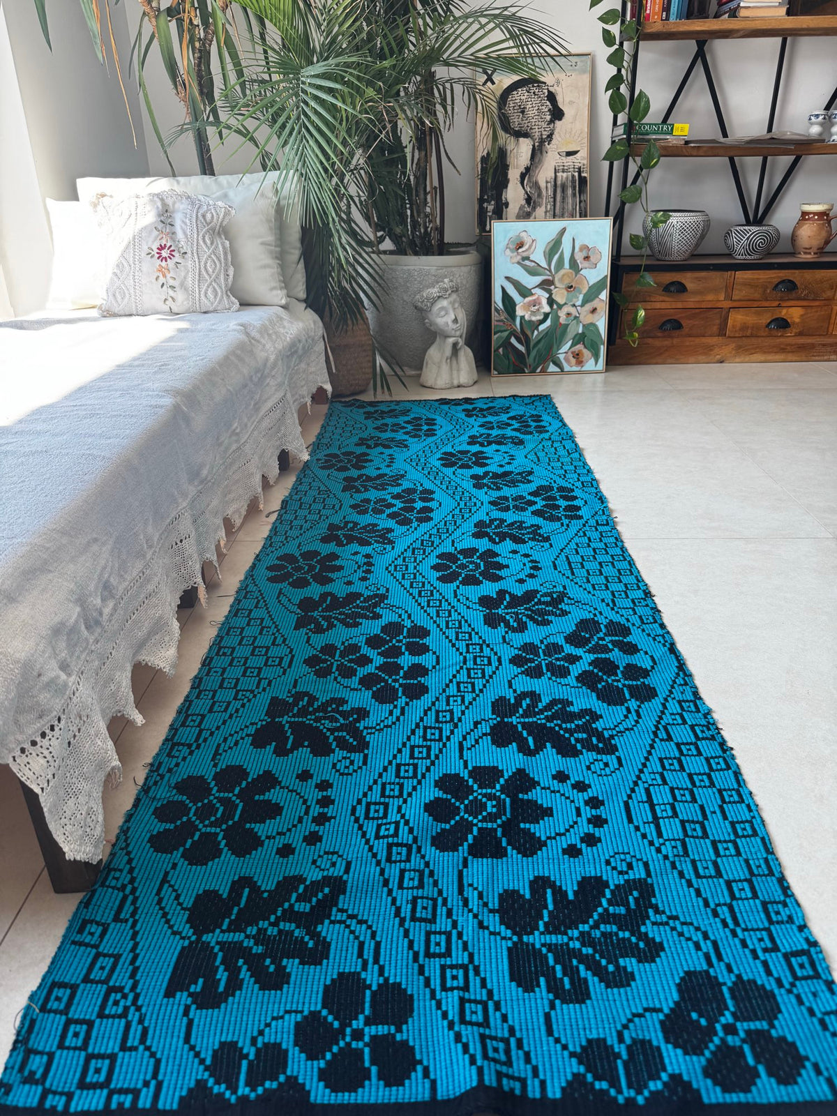 Handwoven Black Floral Romanian Runner Rug, 220x70 cm, view 4