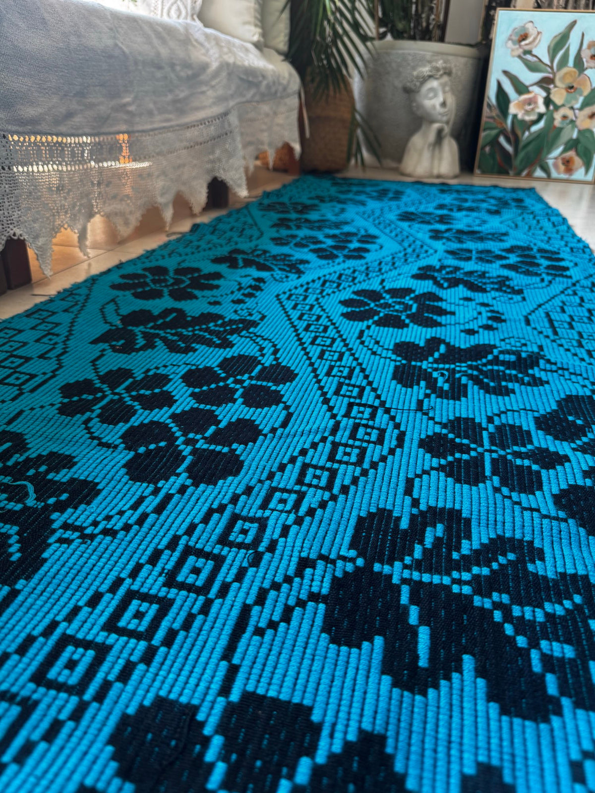 Handwoven Black Floral Romanian Runner Rug, 220x70 cm, view 5