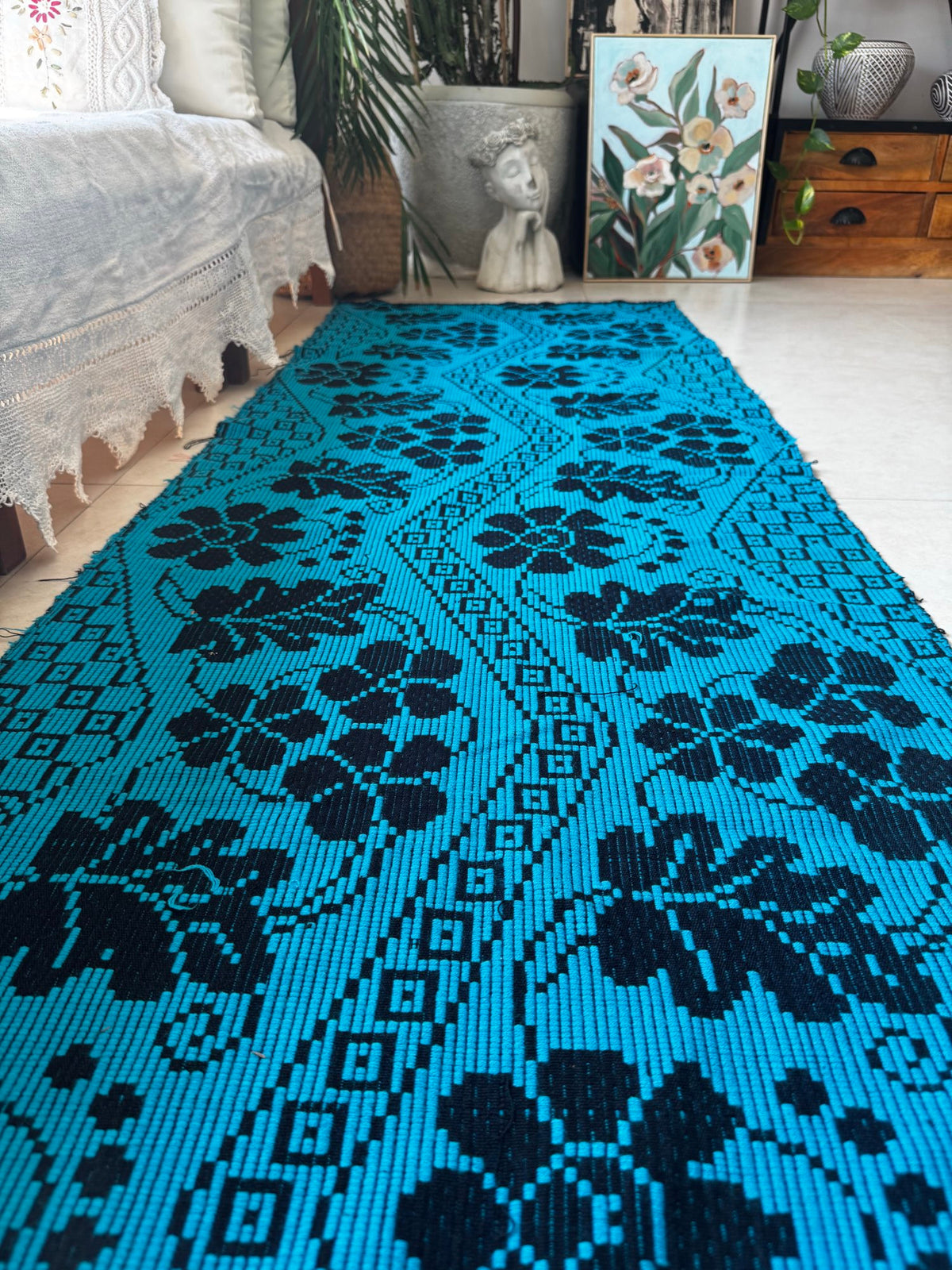 Handwoven Black Floral Romanian Runner Rug, 220x70 cm, view 9