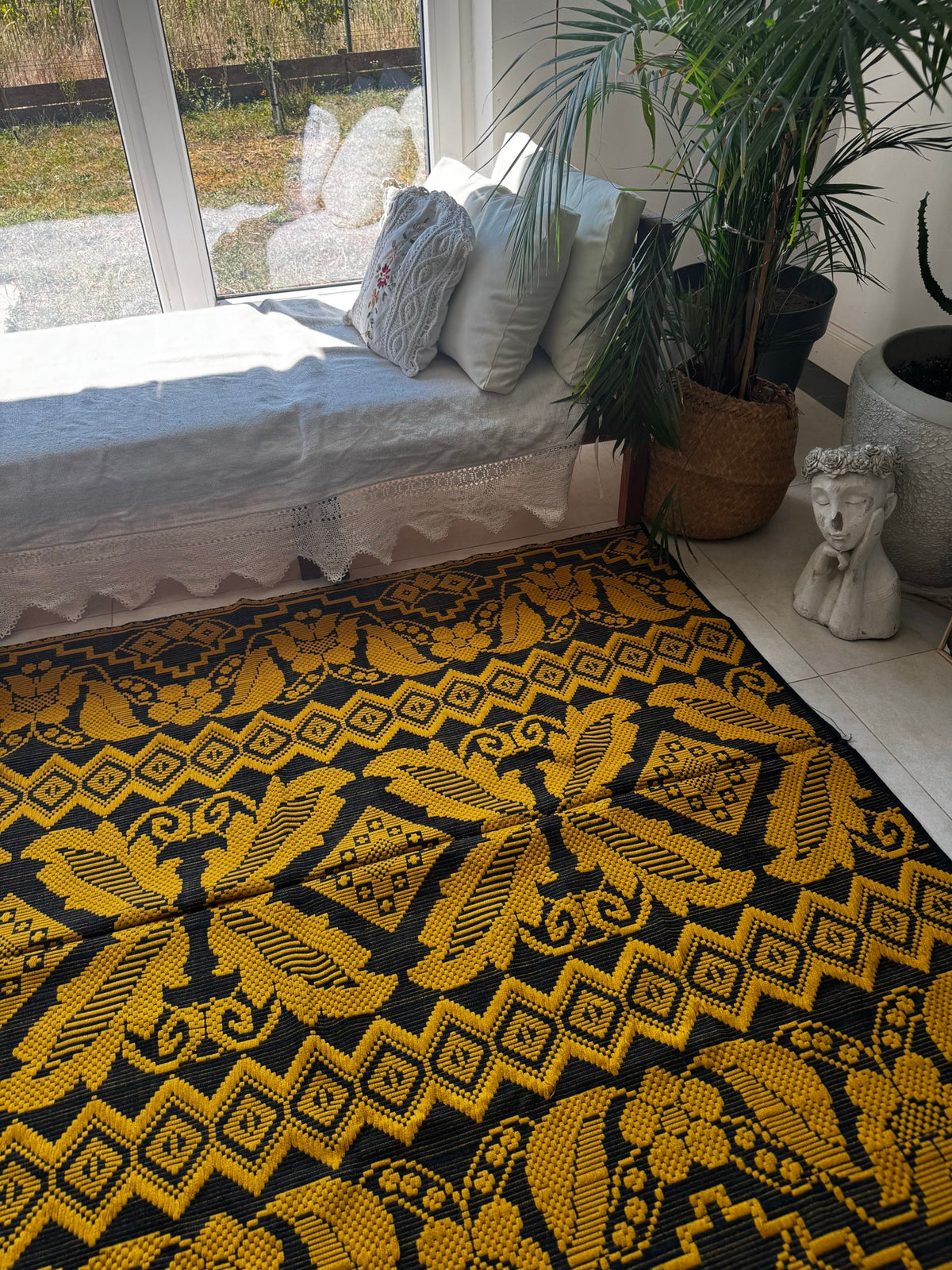 Handwoven Mustard & Black Floral Romanian Rug, 175x140 cm, view 13