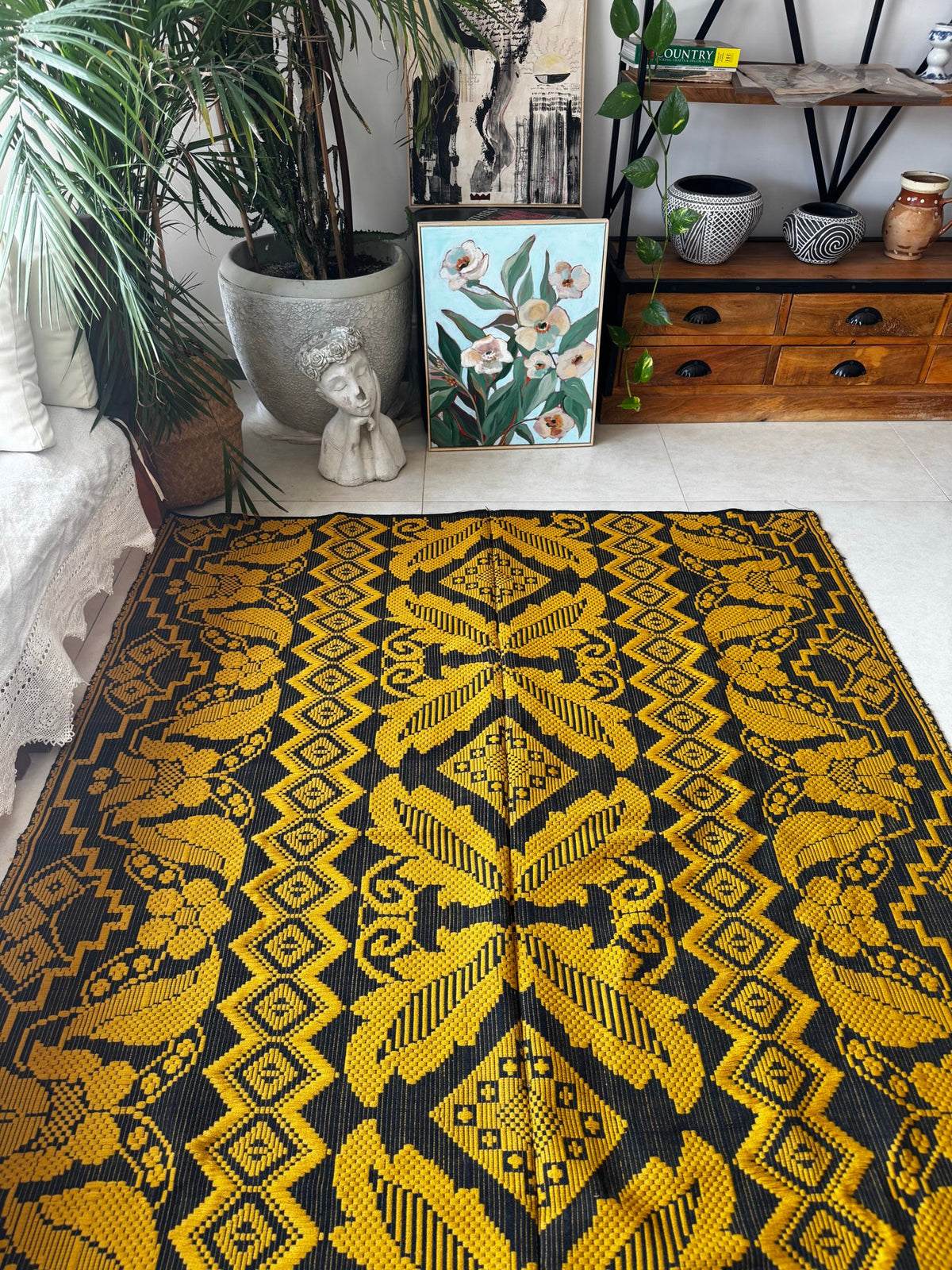 Handwoven Mustard & Black Floral Romanian Rug, 175x140 cm, view 2