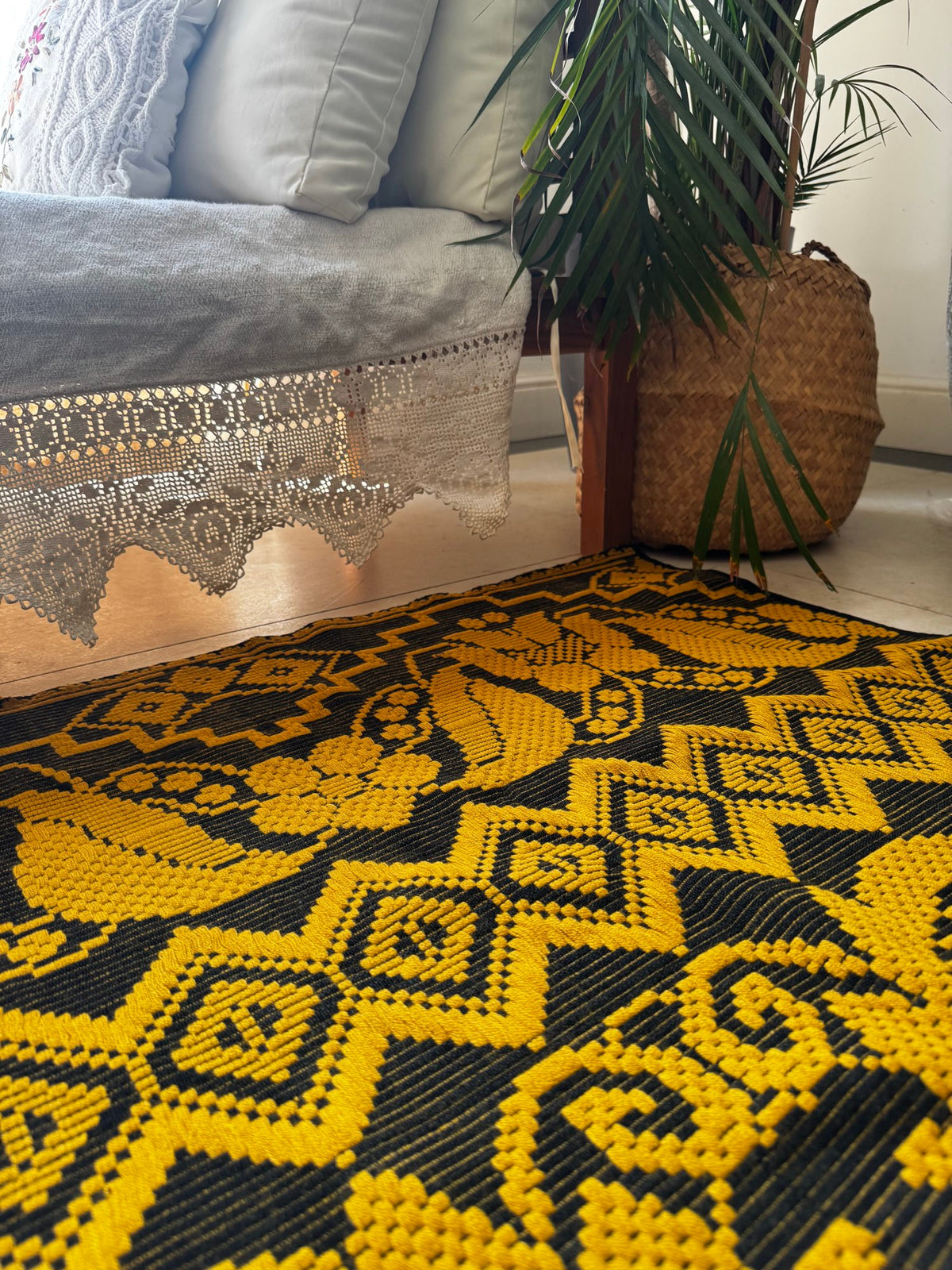 Handwoven Mustard & Black Floral Romanian Rug, 175x140 cm, view 4