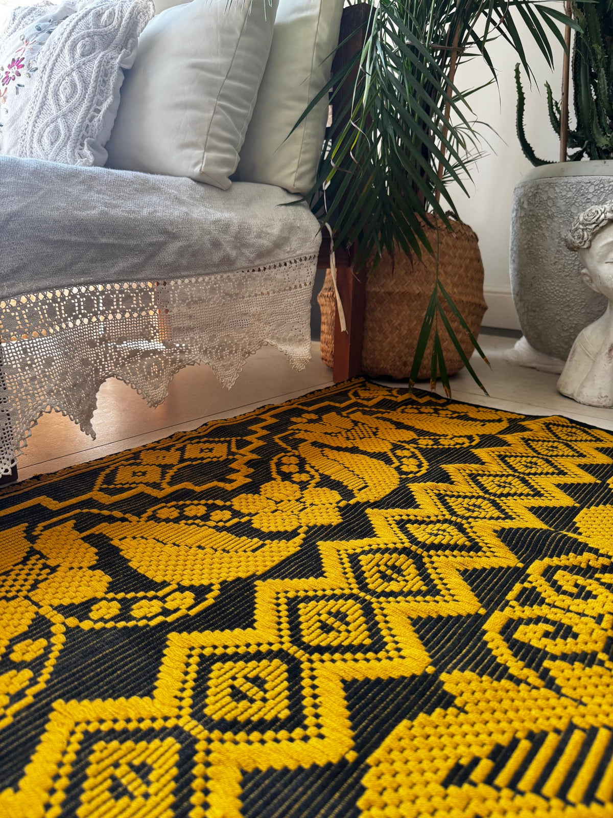 Handwoven Mustard & Black Floral Romanian Rug, 175x140 cm, view 5