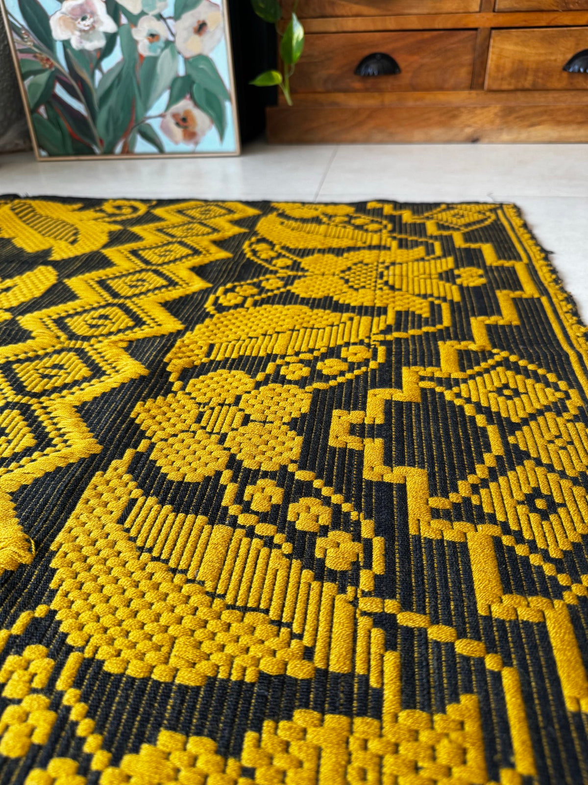 Handwoven Mustard & Black Floral Romanian Rug, 175x140 cm, view 6