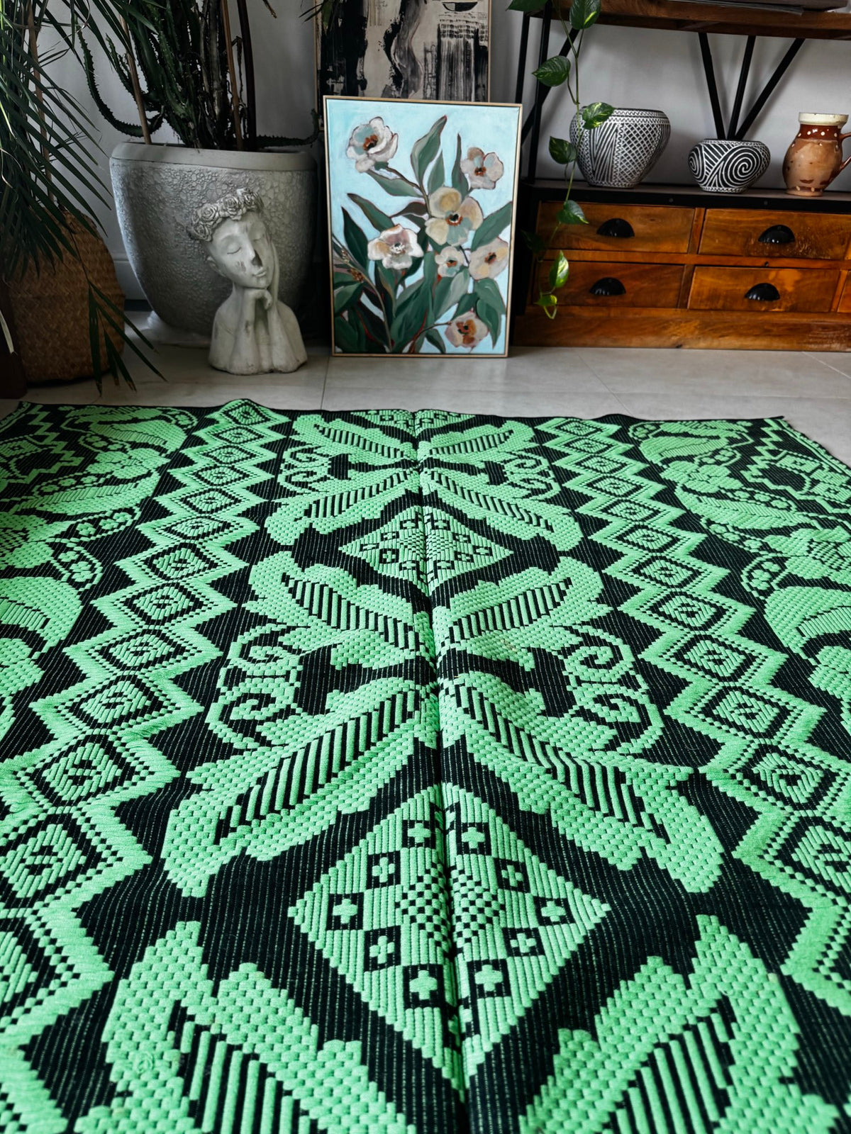 Handwoven Green & Black Floral Romanian Rug, 185x140 cm, view 13