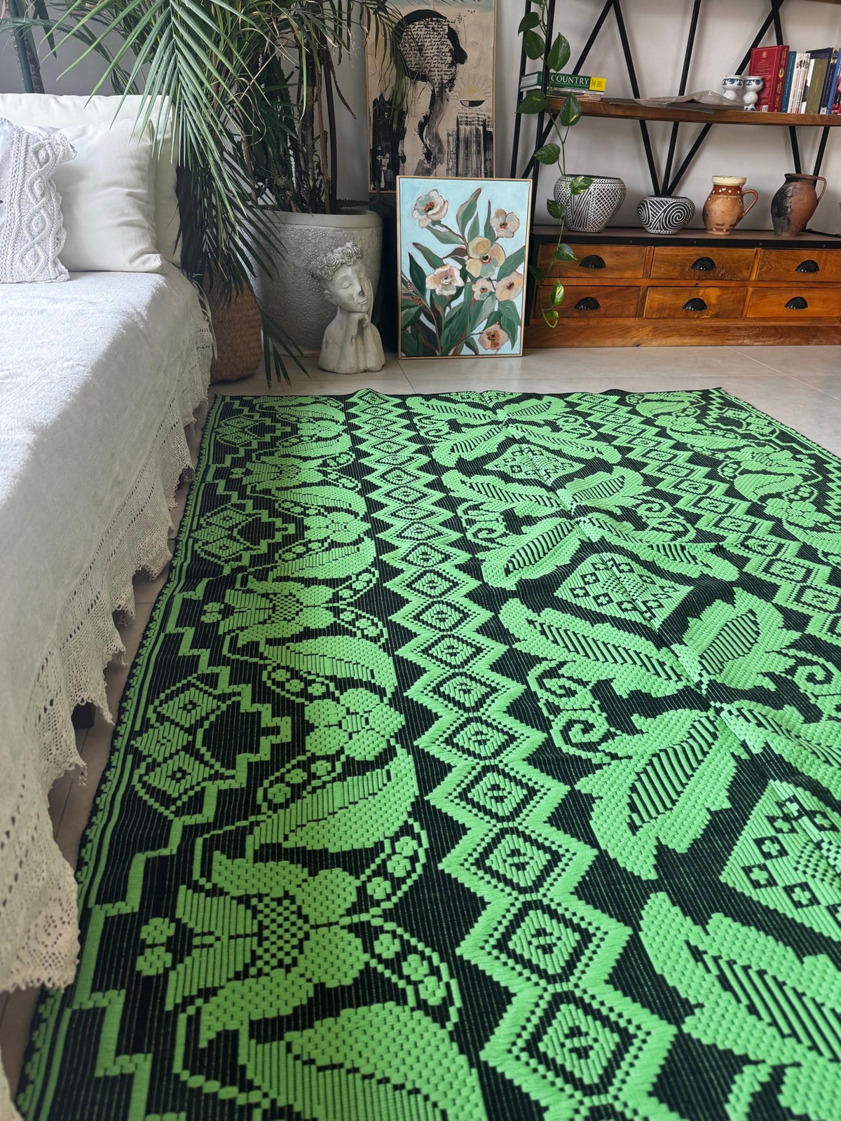 Handwoven Green & Black Floral Romanian Rug, 185x140 cm, view 3