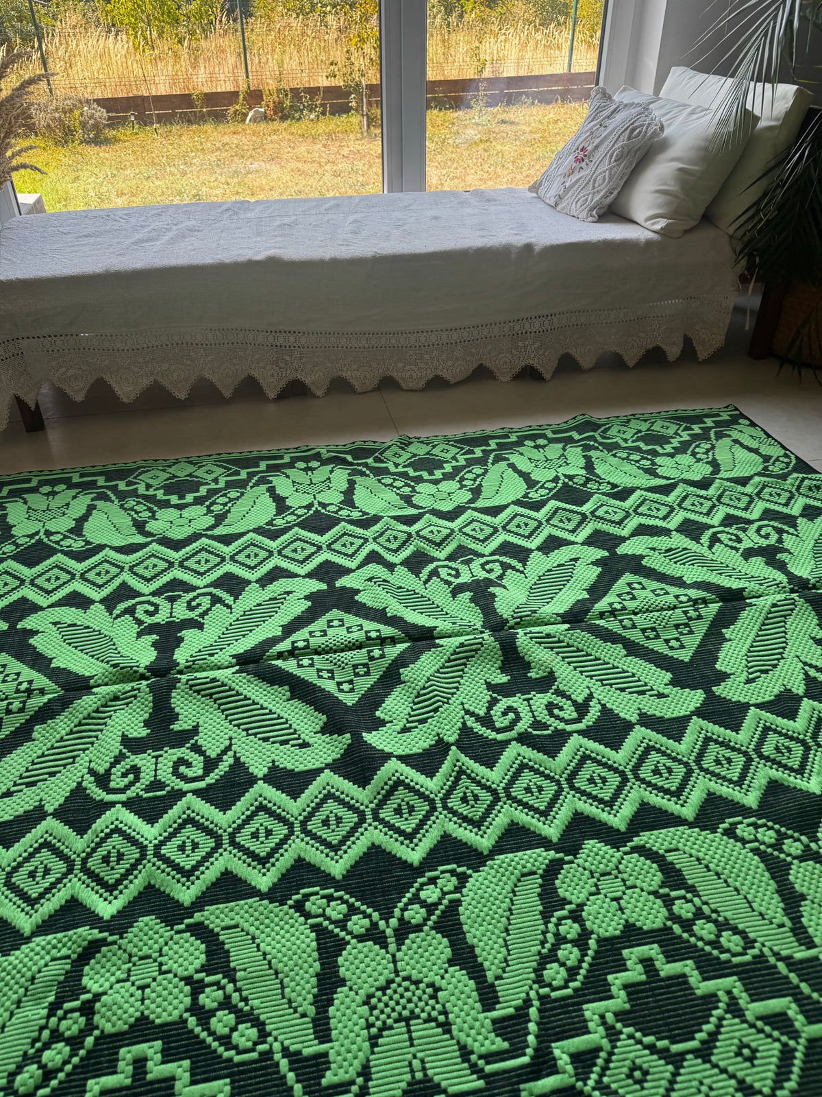 Handwoven Green & Black Floral Romanian Rug, 185x140 cm, view 5