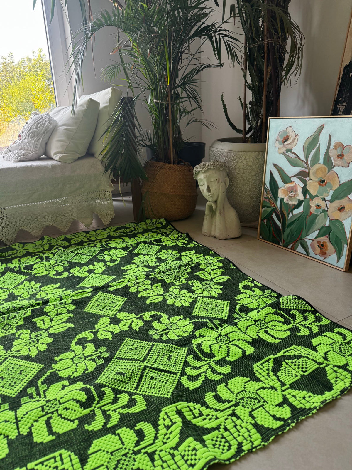 Handwoven Neon Green Floral Romanian Rug, 205x130 cm, view 14