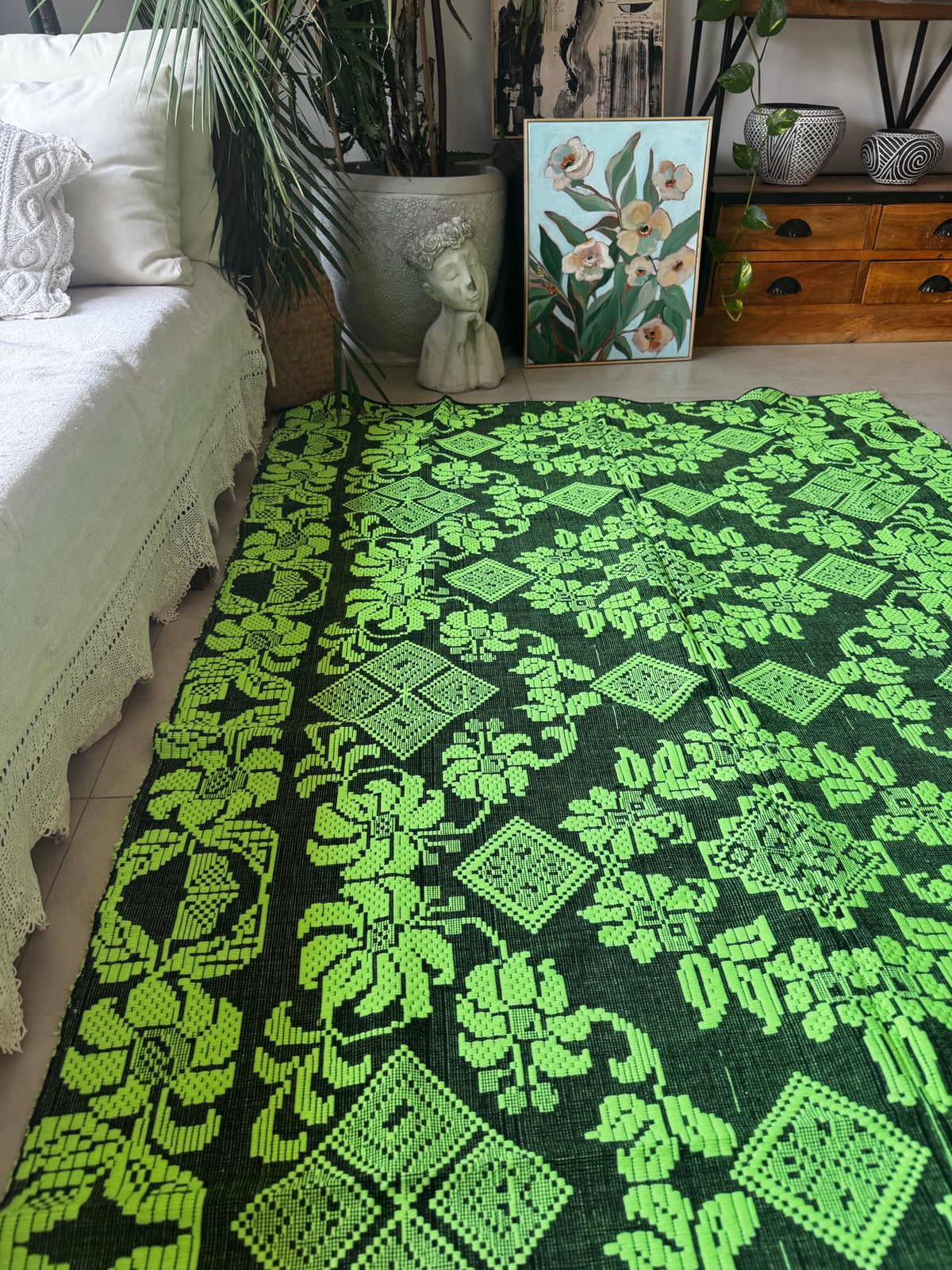 Handwoven Neon Green Floral Romanian Rug, 205x130 cm, view 3