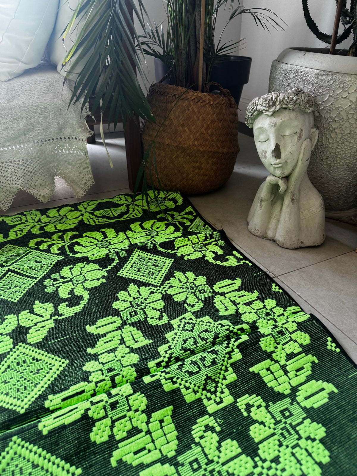Handwoven Neon Green Floral Romanian Rug, 205x130 cm, view 6