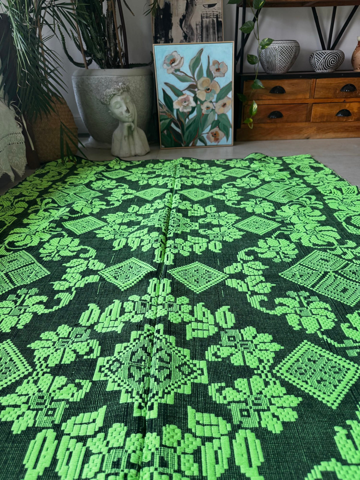 Handwoven Neon Green Floral Romanian Rug, 205x130 cm, view 9
