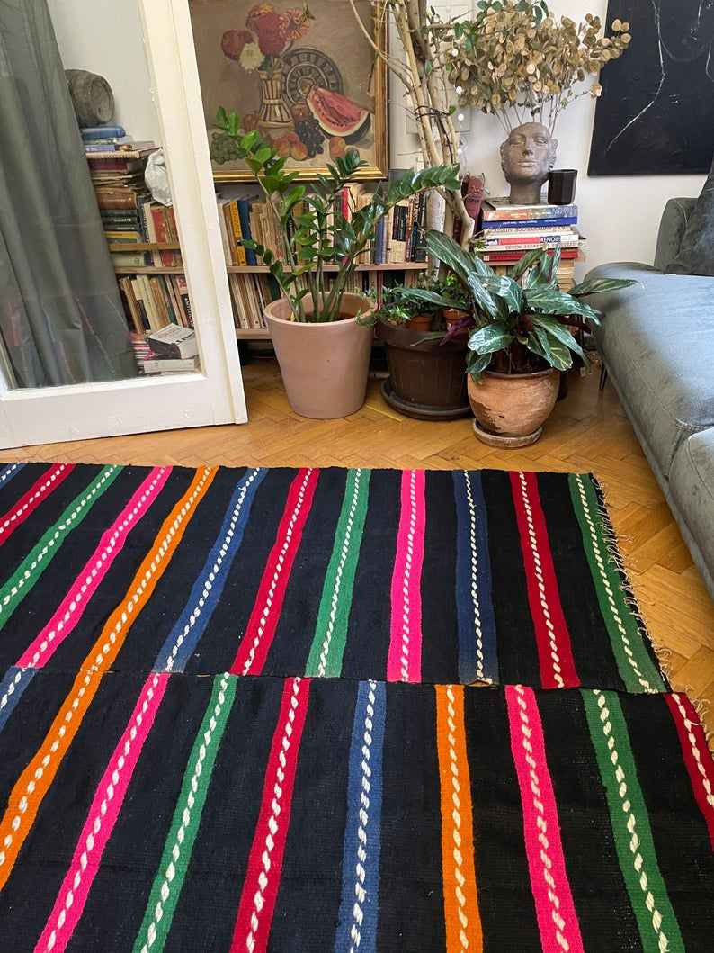 Vintage Black Striped Romanian Wool Rug, 208x152 cm