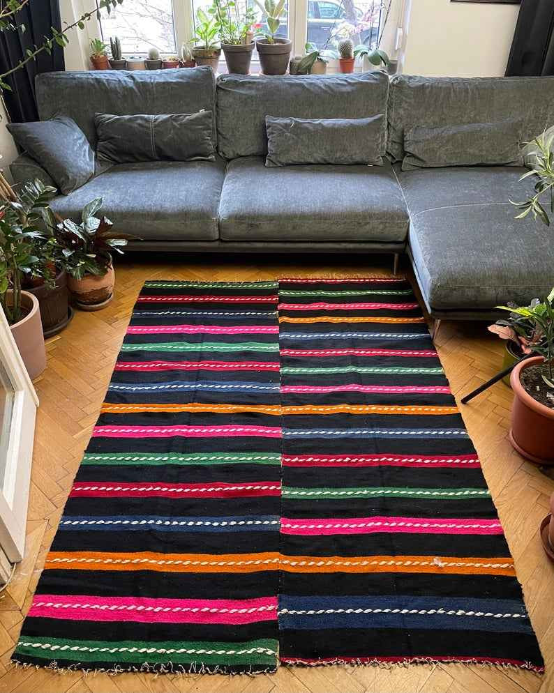 Vintage Black Striped Romanian Wool Rug, 208x152 cm, view 9