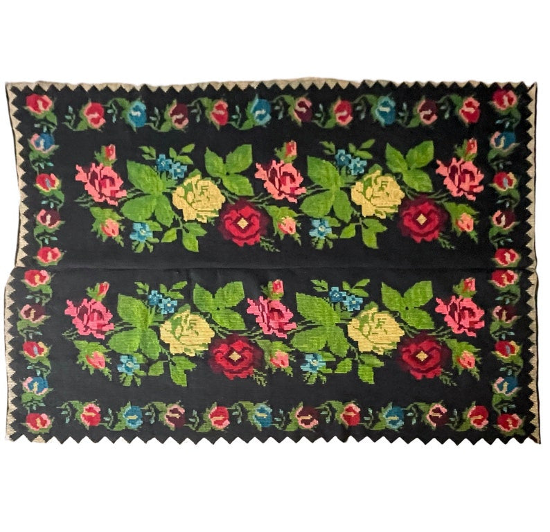 Handwoven Black Floral Romanian Wool Rug, 205x156 cm