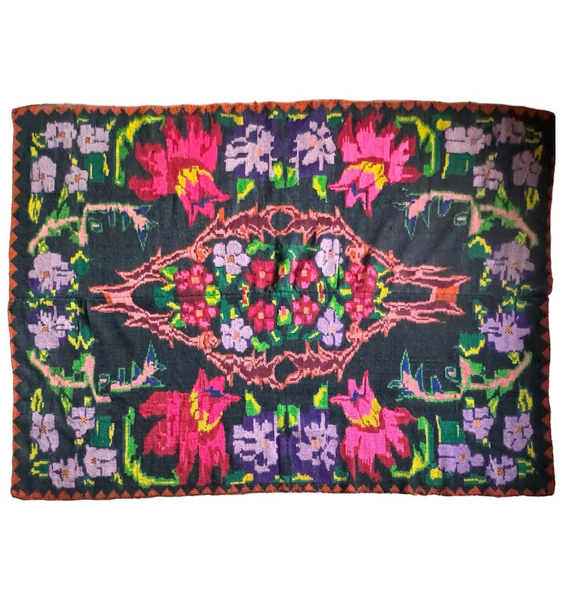 Handwoven Black Floral Romanian Wool Rug, 223x158 cm