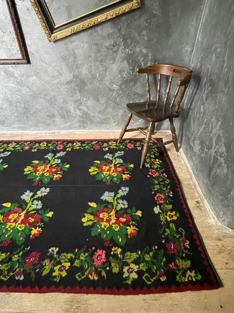 Handwoven Black Floral Romanian Wool Rug, 233x146 cm, view 2