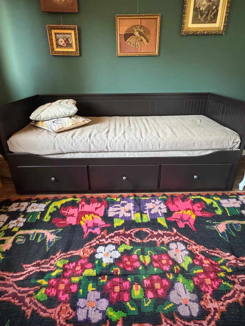 Handwoven Black Floral Romanian Wool Rug, 242x156 cm, view 3