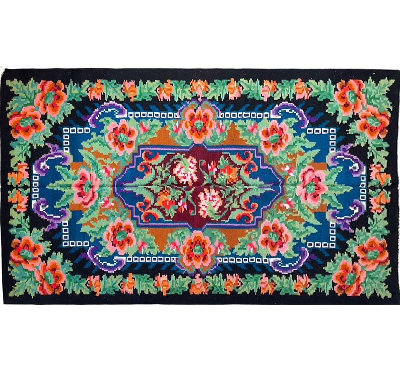 Handwoven Blue Floral Romanian Wool Rug, 318x165 cm