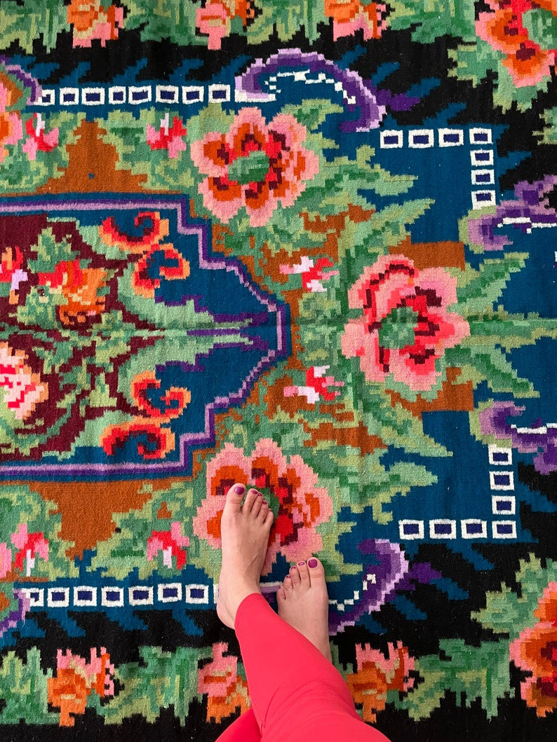 Handwoven Blue Floral Romanian Wool Rug, 318x165 cm, view 10