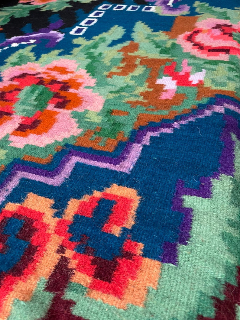 Handwoven Blue Floral Romanian Wool Rug, 318x165 cm, view 9