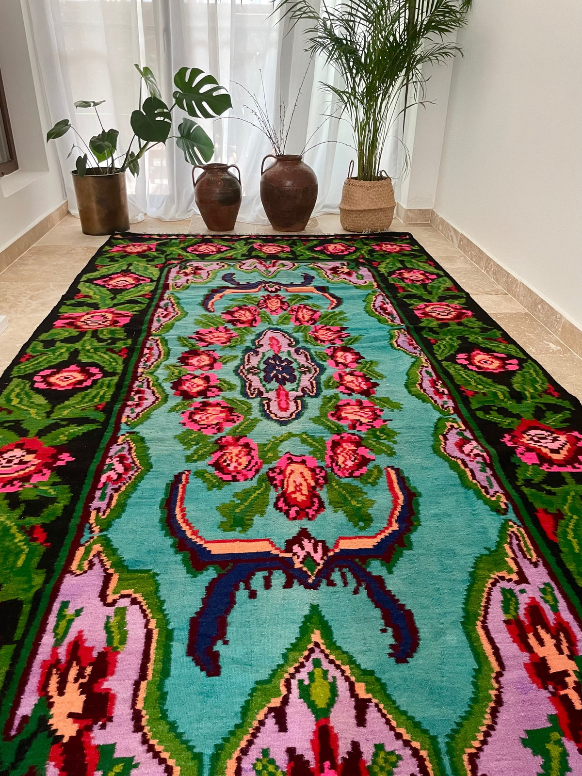 Handwoven Turquoise Floral Romanian Wool Rug, 380x175 cm, view 13