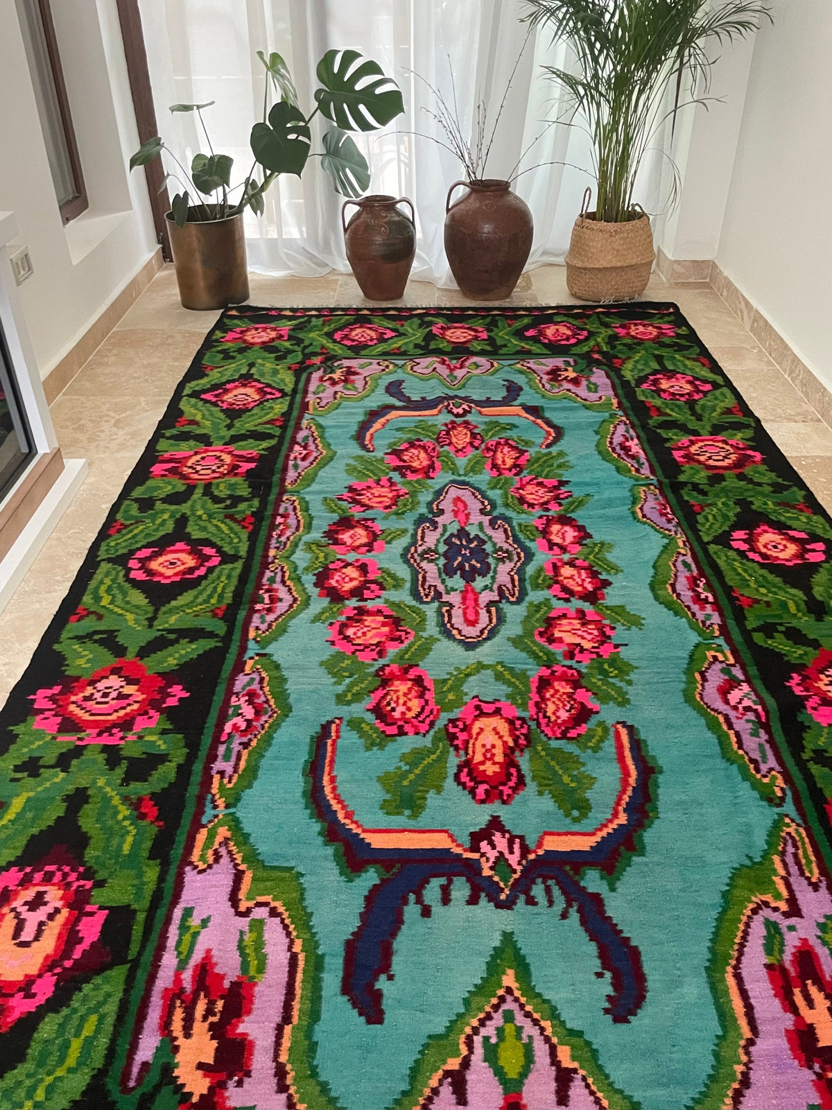 Handwoven Turquoise Floral Romanian Wool Rug, 380x175 cm, view 2